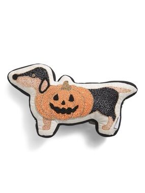 Hallow’s Eve Dachshund Dog Beaded Pillow Jack-o-Lantern Pumpkin Halloween Decor
